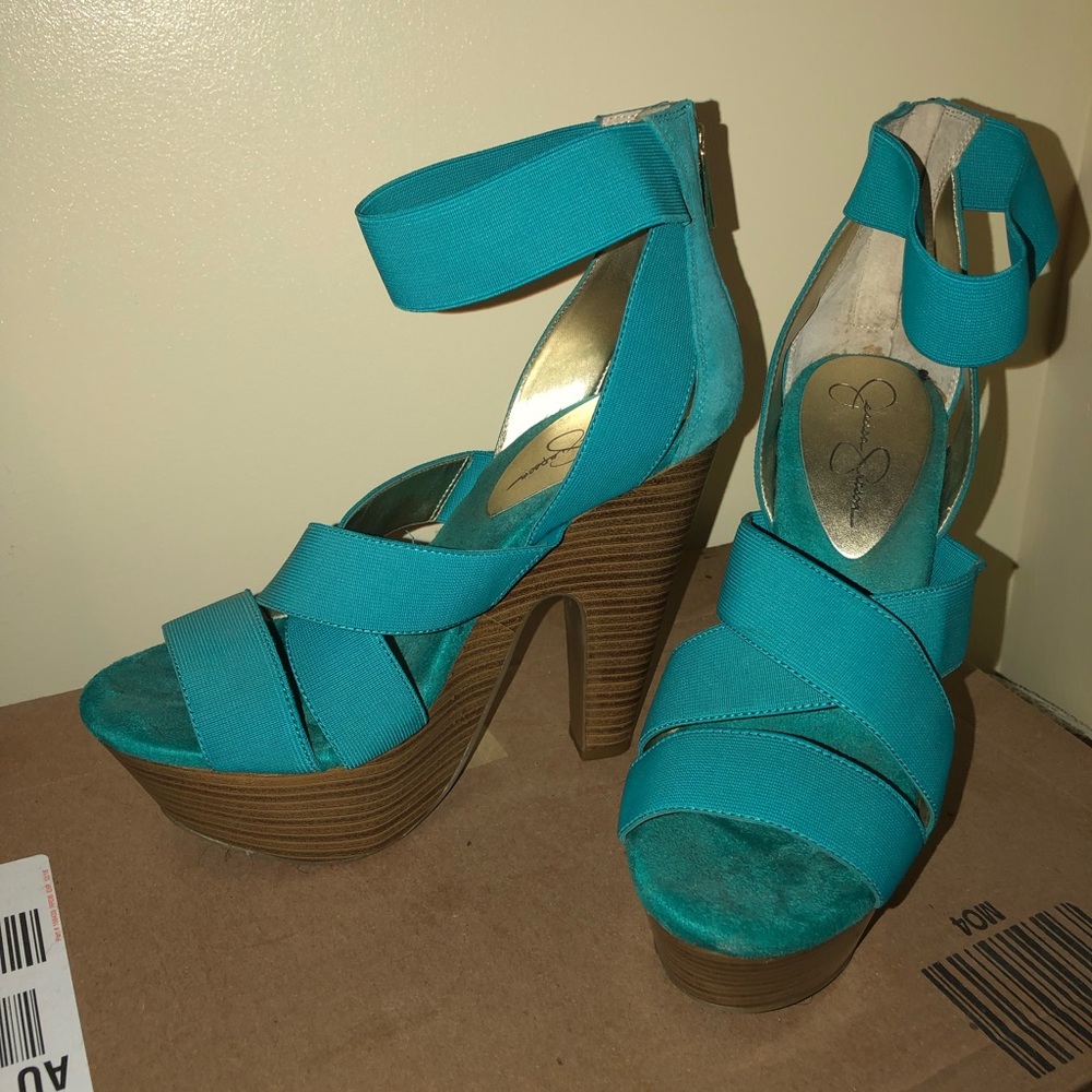 Jessica Simpson teal tookie wedges